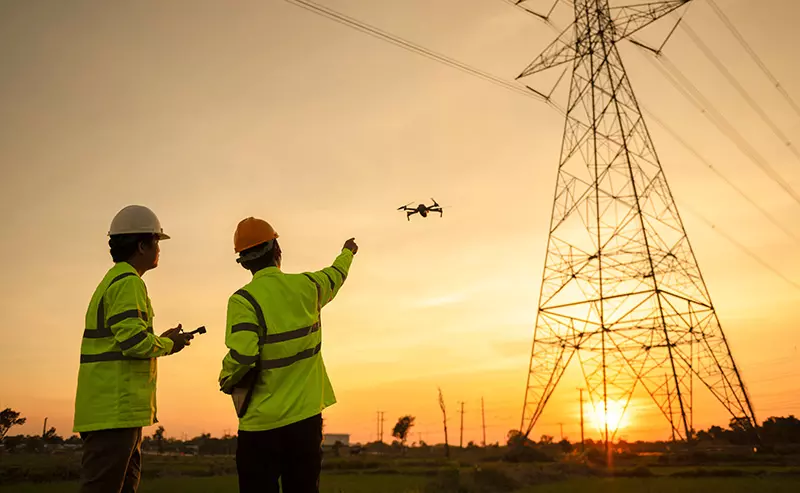 Deux ouvriers du pilotant un drone